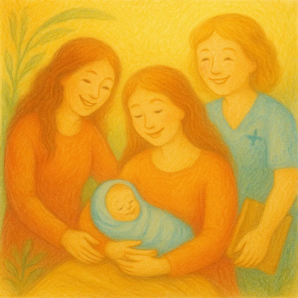 Illustration einer Mutter, begleitet von Doula und Hebamme