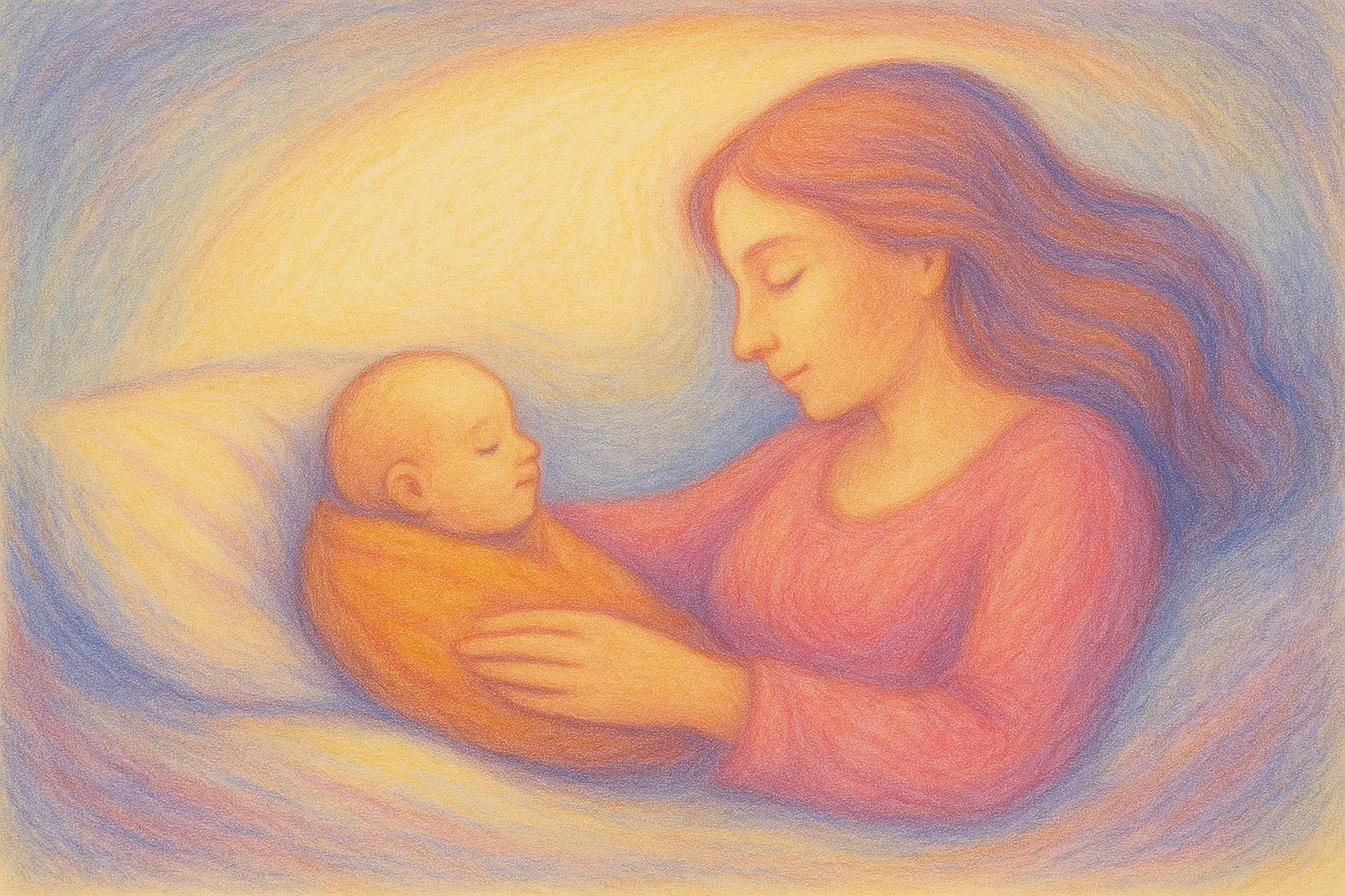 Illustration einer Mutter, die ihr Neugeborenes geborgen im Arm hält