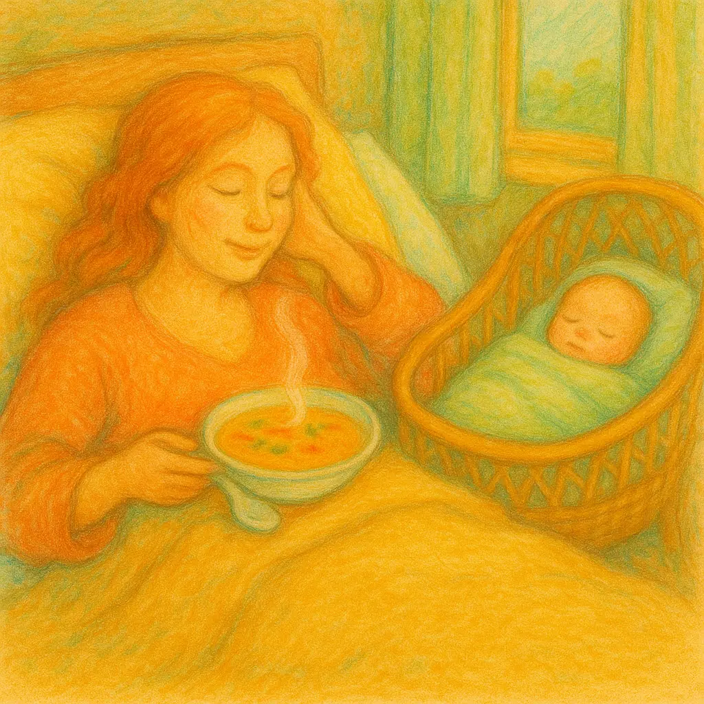 Warme Illustration einer Mutter mit ihrem Baby im Wochenbett
